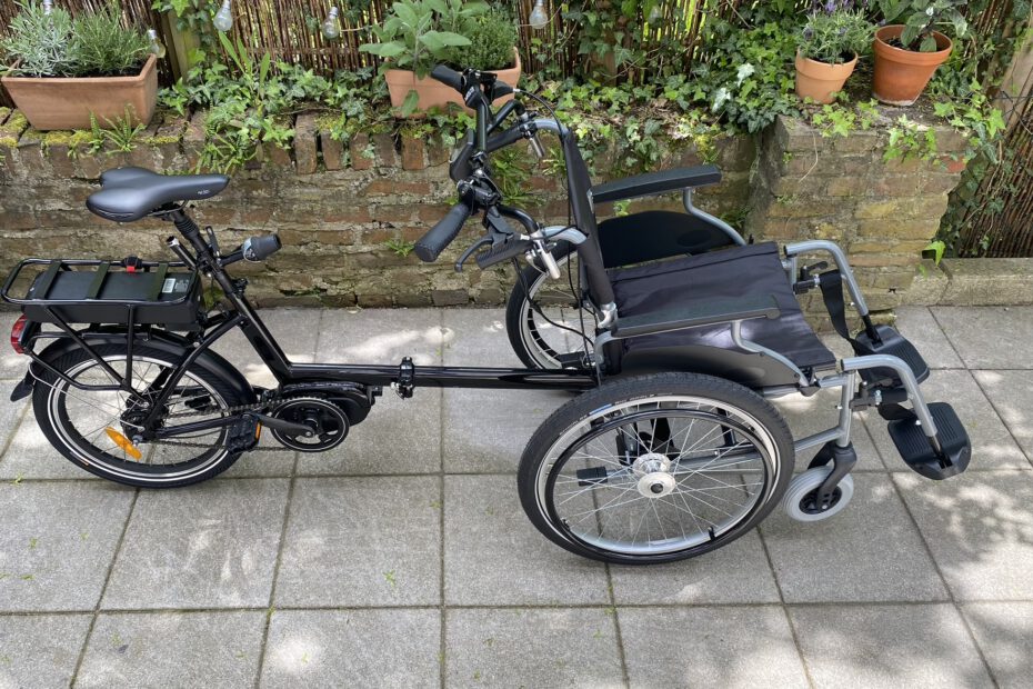 assembly and fastening of bike frame to the mounting plate of the wheelchair; cabeling